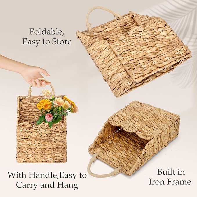 Wicker Hanging Baskets Scalloped Wall Baskets Decor Handmade Woven Hanging Basket Foldable, for Front Door Home Garden Pantry Farmhouse Rustic Decor