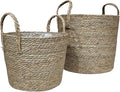 Set of 2 Woven Seagrass Planter Baskets with Handles – Handwoven Plant & Flower Pots for Indoor or Outdoor Use, Natural Straw Storage Baskets for Laundry Room, Living Room & Home Decor