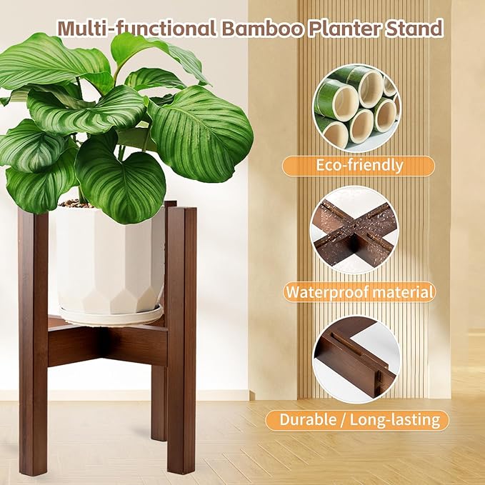 Adjustable Bamboo Plant Stand for Indoor Plants, Holder Rack Fits 8"-12" Pots for Living Room, Bedroom, Corner - Space Saving Shelf (Pot & Plant Not Included) (brown)