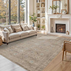 6x9 Area Rugs for Living Room Bedroom, Large Washable Rug, Beige Vintage Retro Boho Rug, Non Slip & Low Pile Faux Wool Thin Carpet for Indoor Dining Room and Kids Room(Beige 6x9ft)