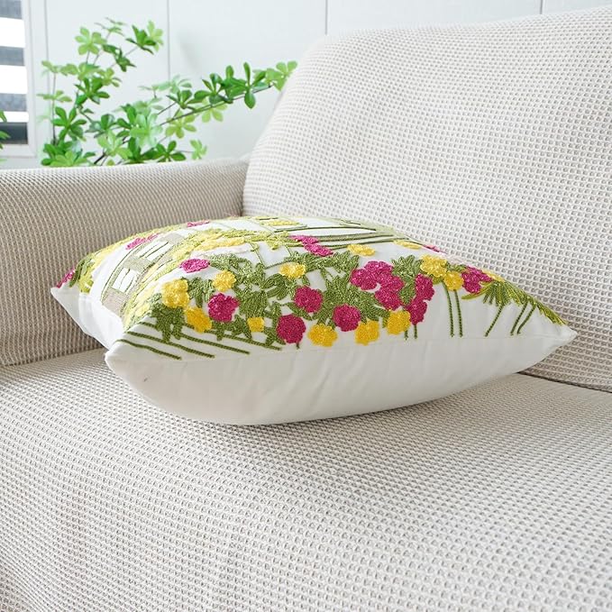 vctops Spring Embroidered Decorative Throw Pillow Cover Summer Floral Square Pillow Cases Garden Cotton Cushion Cover for Couch Sofa Bed (Flower C,18"x18")