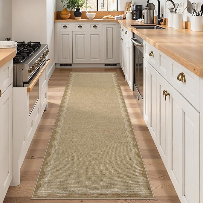 LIVEBOX Scalloped Washable 2x8 Kitchen Runner Rug, Easy Jute Geometric Tan Rug for Hallway Runner Entryway, Indoor Outdoor Non Slip Rugs Farmhouse Modern Carpet Door Mat for Porch Laundry Room