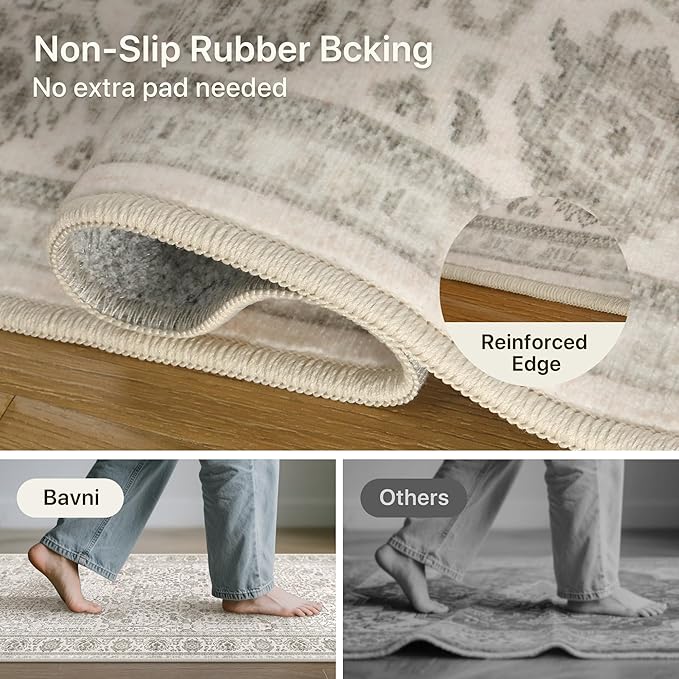 Bavni Washable Rugs 8x10-Machine Washable Rug Lightweight Low Pile, Vintage Floral Rug Non-Shedding Distressed Throw Carpet for Living Room Bedroom Office, Light Gery