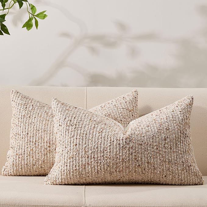 Decorative Couch Throw Pillow Covers 12x20 Set of 2 Beige Striped Soft Wool Pillow Covers Neutral Textured Boho Cushion Covers for Modern Farmhouse Sofa Bedroom Living Room Decor SY012-A12