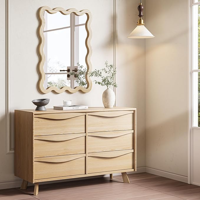 22"x30" Wood Wavy Wall Mirror for Powder Room, Solid Wood Squiggle Mirror for Vanity, Small Asymmetrical Irregular Mirror, Natural Wooden Boho Aesthetic Decor