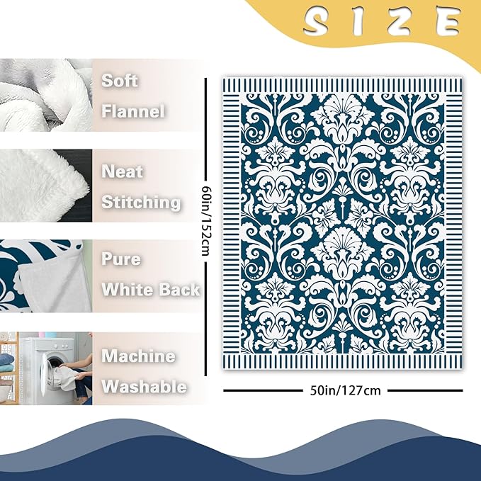 Vintage Victorian Damask Floral Flannel Throw Blanket, Blue White Flowers Birthday Gifts for Kids Men Women, Retro Elegant Soft Blankets for Bedding Sofa 50" x 60"