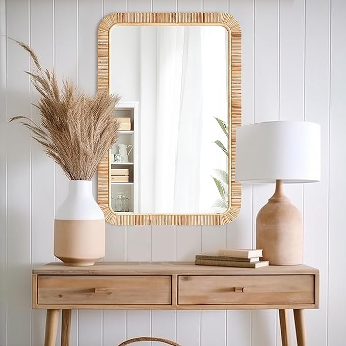 Barnyard Designs Rattan Bathroom Mirror – Rustic Farmhouse Style Handmade Wicker Rattan Frame - Boho Mirror for Nursery Wall Décor (24" x 36", Rectangular)