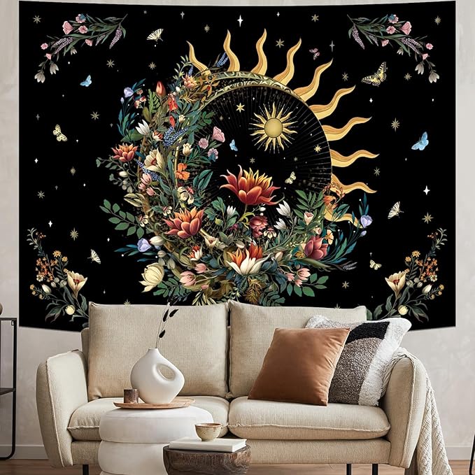 Racunbula Floral Plants Tapestry Sun and Moon Tapestry Retro Botanical Flowers Butterfly Tapestries Black Starry Sky Wall Decor Vintage Boho Aesthetic Tapestries Wall Hanging for Bedroom