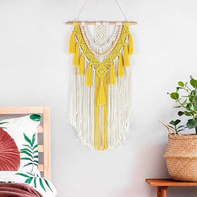 EOBTAIN Yellow Macrame Wall Hanging Boho Macrame Wall Art Handmade Woven Tapestry with Beige Tassel, Bohemian Yellow Wall Decor for Bedroom Living Room Nursery Dorm Home, 30L x 15.7W Inch