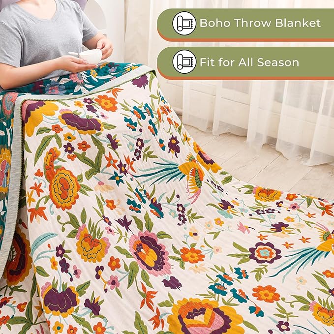 Boho Throw Blanket for Bed Couch Sofa,100% Cotton Ultra Soft Large Throw Blanket,Floral Bird Decor Bed Blankets 60"×80",Decorative Reversible Muslin Bed Cover for All Seasons