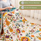 Boho Throw Blanket for Bed Couch 100% Cotton Ultra Soft Large Rustic Quilt King Blanket,Bird Floral Printed Farmhouse Bed Blankets 90"×98", Decorative Reversible Muslin Bed Cover for All Seasons