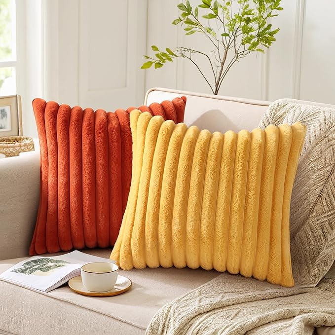 Pallene Faux Fur Plush Lumbar Throw Pillow Covers 12x20 Set of 2, Luxury Soft Fluffy Striped Decorative Pillow Covers for Sofa, Couch, Living Room, Mustard Yellow