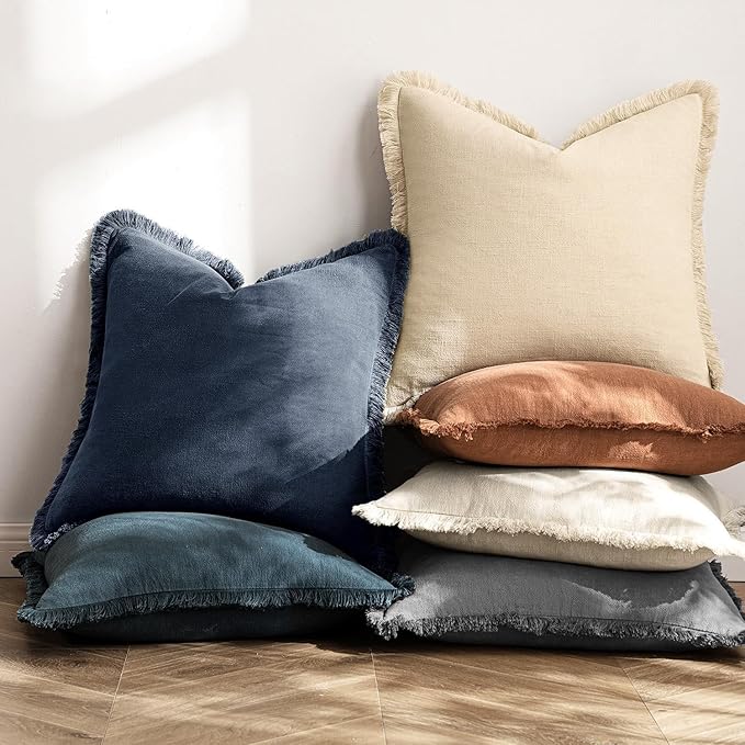 MIULEE Decorative Throw Pillow Covers Neutral Linen Fringe Throw Pillows Set of 2 Indigo Blue Boho Farmhouse Cushion Covers Coastal Decor for Couch Sofa Bed Living Room Spring Decor 12x20 Inch