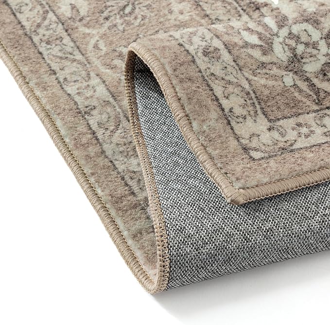 8x10 Area Rug Brown Washable Vintage Carpet Living Room Bedroom Large Non Slip Stain Soft Resistant Low Pile Thin Boho Accent Indoor Throw Rug for Dining Room Office