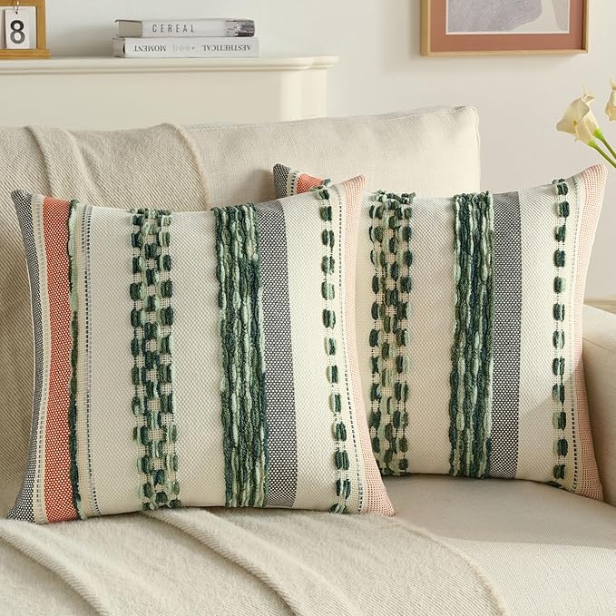 FUTEI Green Decorative Throw Pillow Covers 20x20 Inch Set of 2, Soft Tufted Striped Textured Accent Cushion Case,Boho Pillows for Couch Decor