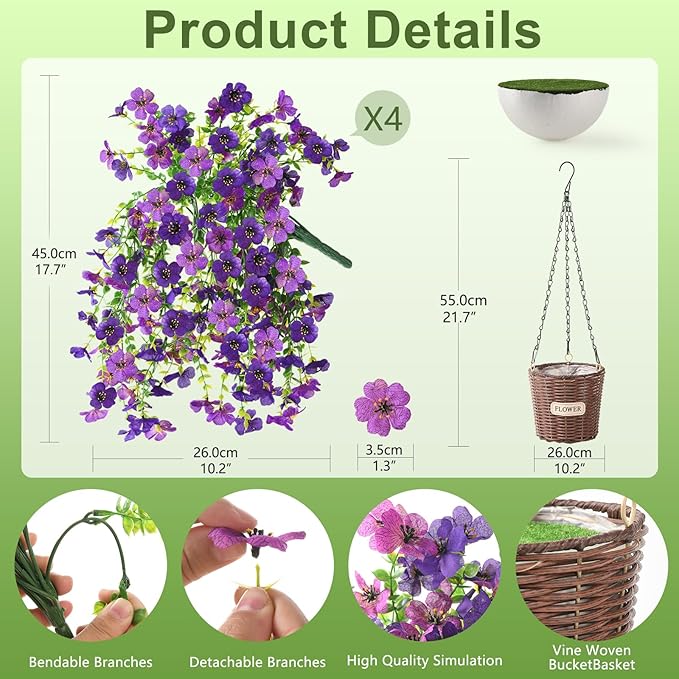Artificial Flowers Hanging Baskets, 4 Bundles Outdoor Hanging Basket Spring Summer Decoration, No Fade Realistic Fake Flowers Plants for Porch Patio Balcony Home Yard Decor(Double Purple)