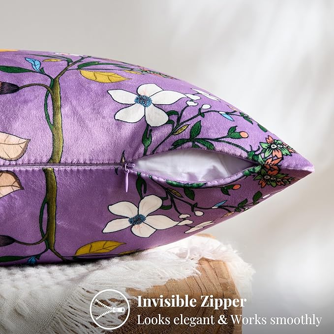 MUSSEL Light Purple Floral Pillow Covers 12x20 Set of 2, Velvet Wild Flower Plant Throw Pillows Case, Square Farmhouse Decor Cushion Covers for Home Sofa Bed Couch