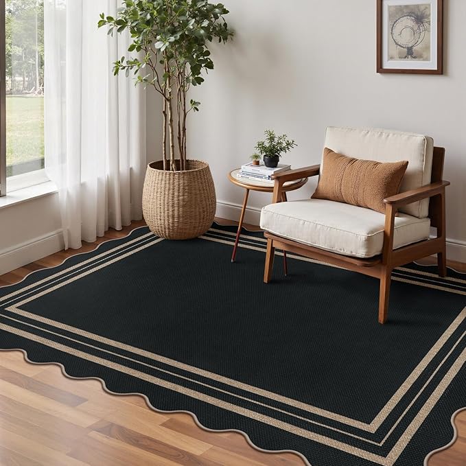 Modern Easy Jute 4x6 Outdoor Patio Rug, Washable Indoor Black Kitchen Rugs Farmhouse Neutral Non Slip Area Rug for Living Room Backyard Bedroom