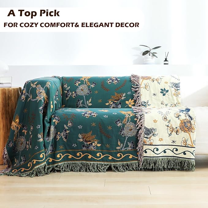 Boho 100% Organic Cotton Muslin Throw Blanket 50" x 60" - All Season Rustic Ultra Soft Breathable Floral Bird Blanket for Bed Sofa Couch Chair Bedspread Quilt Gift-Teal/Beige