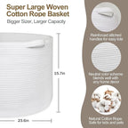 115L White Cotton Rope Storage Basket, 23.6"x15.7" Extra Large Blanket Storage Living Room, XXXL Soft Toy Bin for Organizing, Woven Baby Laundry Basket with Handle, Wicker Hamper Nursery