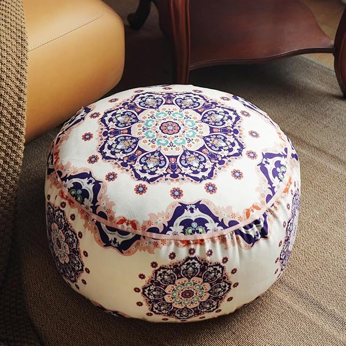 Unstuffed Pouf Cover Ottoman Footrest Bohemian Chenille Foot Stool Floor Bean Bag 20x8 Inches for Living Room Bedroom Home Decor (Blue, Round)