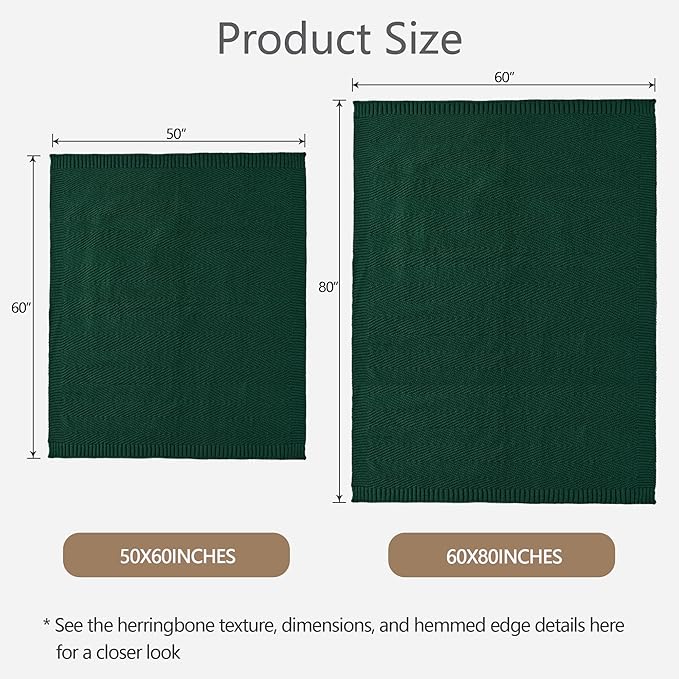 Knitted Throw Blanket 50"X60", Dark Green Knit Throws for Bed, Super Soft Boho Chevron Blankets for Couch Sofa Chair Room Decor, Textured Decorative Farmhouse Cozy Lightweight