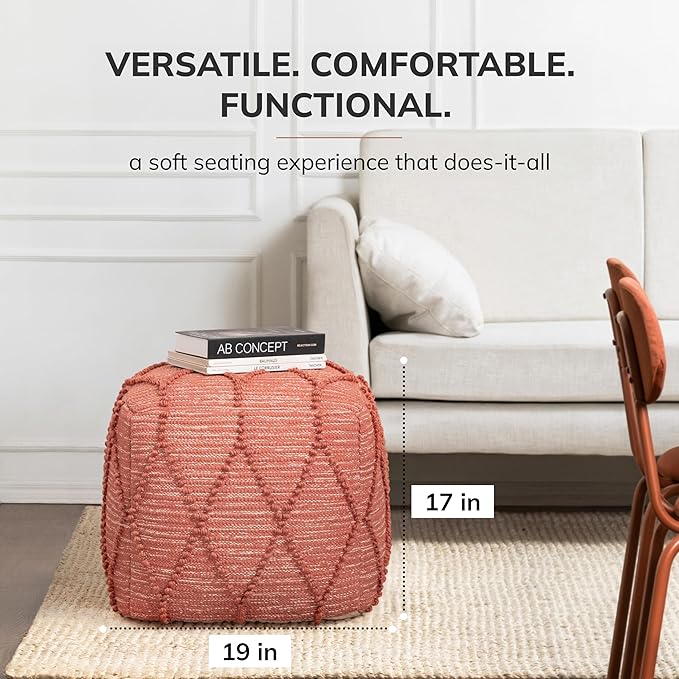 Anji Mountain Pouf Ottoman Foot Rest, Handmade Ottoman Pouf, Comfortable Foot Stool, Decorative Floor Seating for Living Room Decor, Bedroom & Home Décor Accent - Terracotta