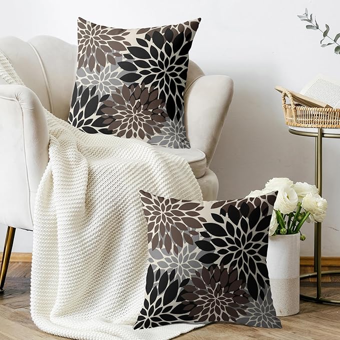 Black Dark Brown Pillow Covers 18X18 Inch Set of 2, Spring Summer Floral Dahlia Flower Cream Decorative Throw Pillow Covers Outdoor Modern Farmhouse Cushion Case for Home Couch Sofa Bed Decor
