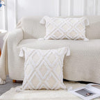 PANOD Super Soft Farmhouse Decorative Plush Throw Pillow Covers 24 x 24 White,Solid Diamond Pattern Tufted with Tassels Modern Accent Boho Square Cushion Cover Pillow Case for Couch Sofa