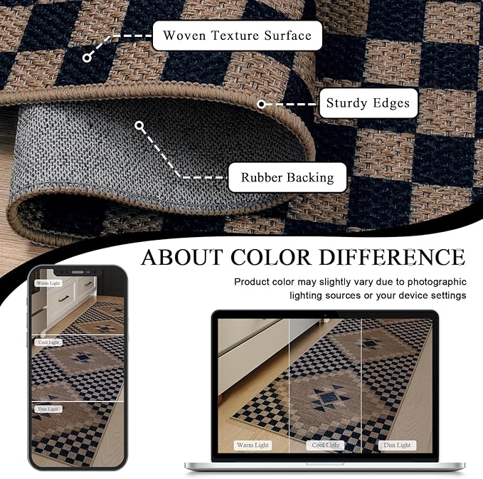 LIVEBOX Easy Jute Washable Rugs 3x5, Modern Checkered Kitchen Rugs Non Slip, Ultra Thin Door Rug for Entryway Indoor, Farmhouse Black and Tan Rug for Outdoor Front Porch Patio Courtyard
