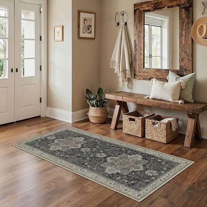 GENIMO 2x5 Runner Rugs for Hallway, Machine Washable Non Slip Vintage Rugs, Low Pile Lightweight Soft Print Rug for enrtyway, Corridor, Home, Office, Kitchen, Muted Charcoal Beige
