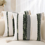 Simmore Boho Decorative Throw Pillow Covers 18x18 Set of 2, Tufted Farmhouse Pillow Covers with Tassels for Cozy Bohemian Couch Sofa Bedroom Home Decor, Green