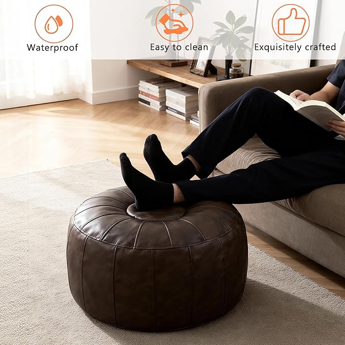 Thgonwid Unstuffed Moroccan Storage Pouf Foot Stool Ottoman Seat Handmade Faux Leather Bean Bag Floor Chair Foot Rest for Living Room, Bedroom or Balcony (Deep Coffee)