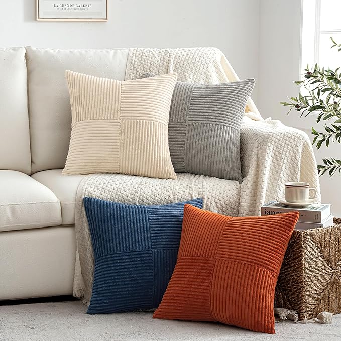 MIULEE Blue Rust Throw Pillow Covers 18x18 Inch Set of 4 Boho Farmhouse Cushion Cases Soft Corduroy Nordic Corduroy Pillow Cases Patchwork Home Decor for Couch Sofa Bedroom