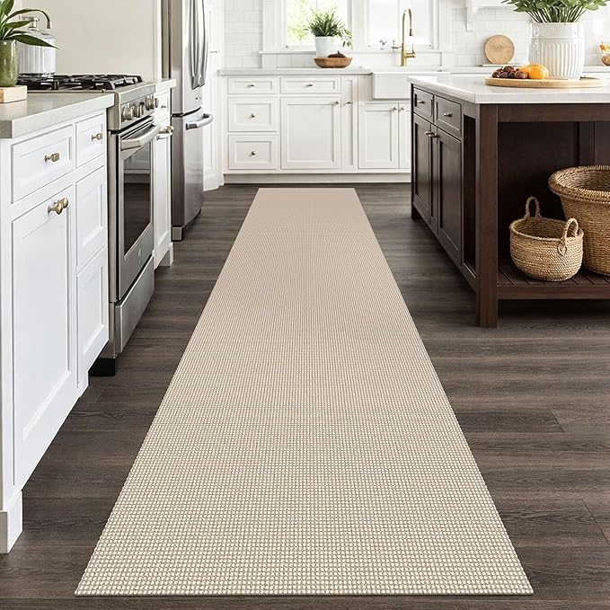 EARTHALL Woven Runner Rug 2.6x12 Ft Washable Runners for Hallways Extra Long Cotton Non Slip Rubber Backed Kitchen Runner Braided Indoor Floor Carpet for Entryway, Hall, Kitchen, Beige/Khaki