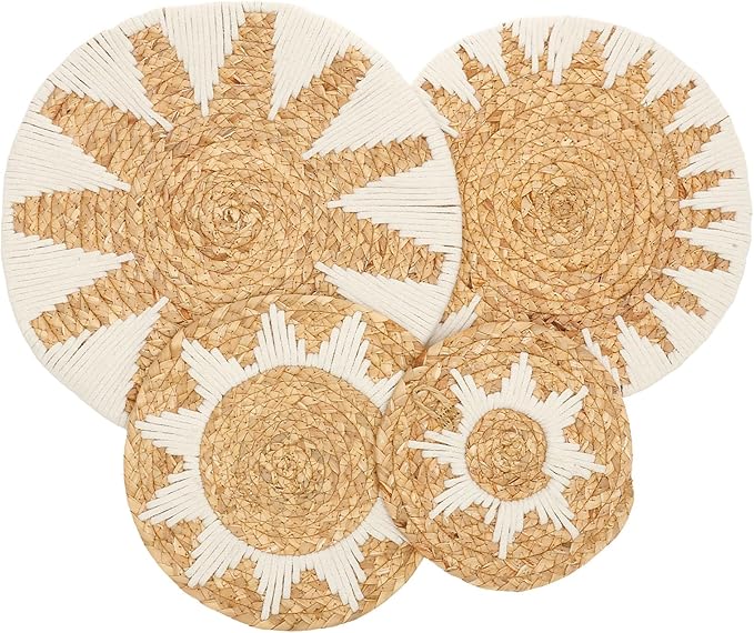 4 Pack Boho Wall Basket Decor Set, Hanging Woven Gourd Grass Rattan Wicker Boho Wall Decor, Round Farmhouse Wall Hanging Baskets Rustic Flat Wall Art for Living Room Bedroom Kitchen (Style 11)