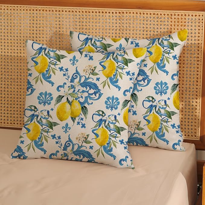 Summer Pillow Covers 18x18 Inch Set of 2 Blue Lemon Pillow Covers Seasonal Summer Outdoor Decorative Pillow Cases Linen Farmhouse Floral Cushion Covers Decor for Couch Living Room Bedroom