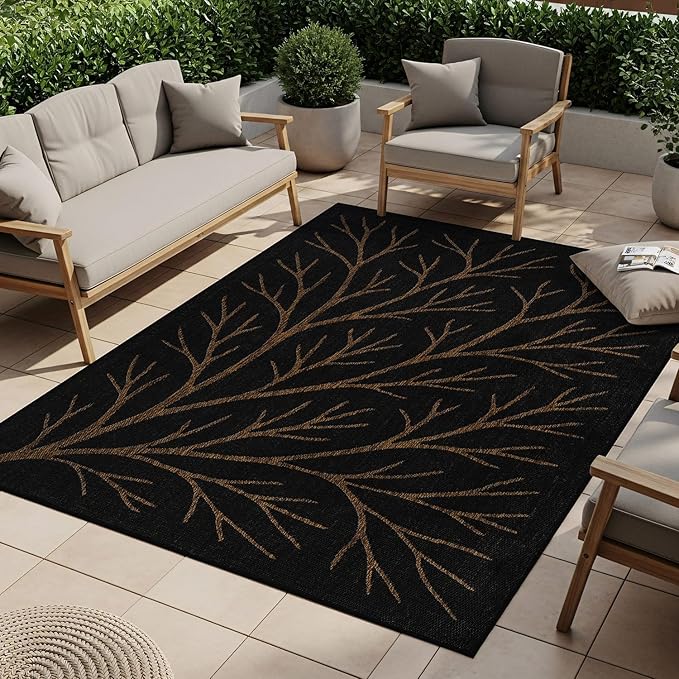 Washable Indoor Outdoor Rug 10x14 Modern Area Rugs Branch Pattern Non Shedding Waterproof Easy Clean Patio Deck Porch Living Room Bedroom Garden RV (10 X 14 Gold)