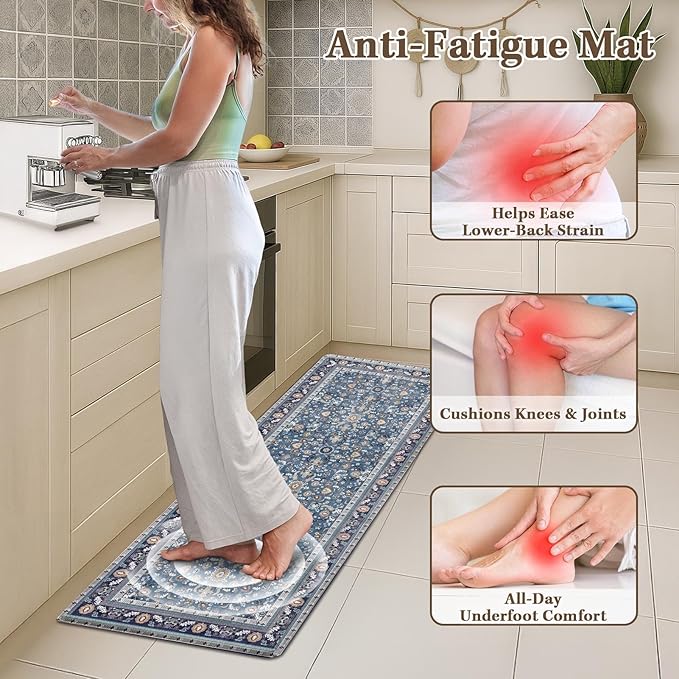 Arttown Kitchen Mats for Floor 2Pcs-Anti Fatigue Non Slip Mats for Kitchen Floor, Cushioned Waterproof & Stain-Resistant Boho Stripe Mat Set, Laundry Room, Office, Sink, Desk (Blue)