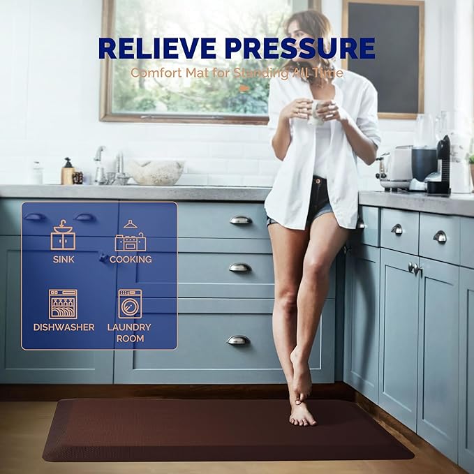 FEATOL Anti Fatigue Mat for Standing, 9/10 Extra Thick Ergonomic Standing Desk Mat, Comfort & Durable Memory Foam Standing Mat at Home,Office All Day (20" x 59", Brown, 1PC)