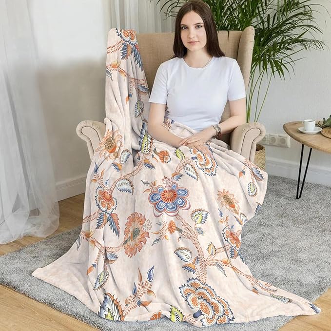 Boho Floral Throw Blanket, Bohemian Soft Cozy and Warm Couch Blankets Gift for Flower Lover, Decorative Blankets for Sofa Couch Bed, White Yellow 50×60 inches