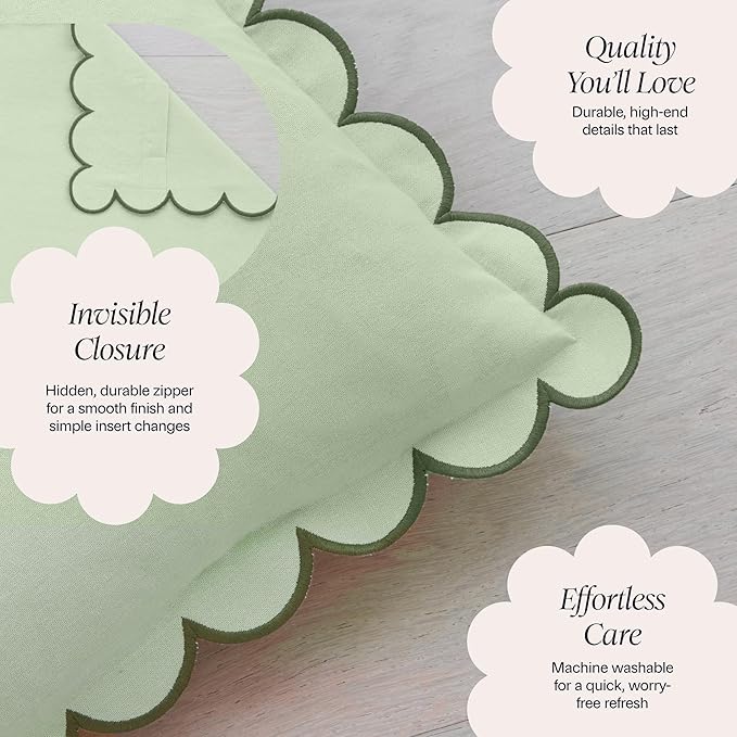 BEBE BASK Green Scalloped Pillow Cover - Set of 2-18 x 18 Inch - Scallop Pillow Cover - Scalloped Pillows - Scallop Pillows - 100% Cotton - Grandmillennial Style (Moss Green)