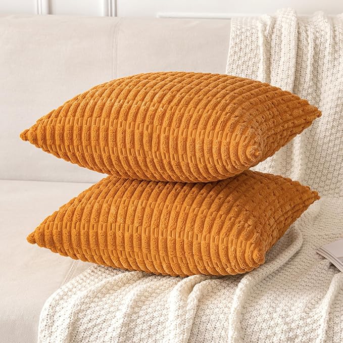 MIULEE Pack of 2 Burnt Orange Corduroy Decorative Pillow Covers 18x18 Inch Soft Boho Striped Throw Pillow Covers Modern Farmhouse Home Decor for Summer Sofa Living Room Couch Bed