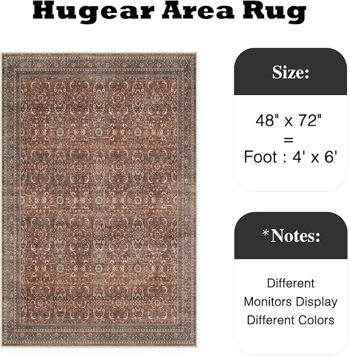 HUGEAR 4x6 Entryway Area Rug Vintage Brick Red Small Rug Machine Washable Door Mat Retro Floral Low Pile Carpet Vacuumable Distressed Throw Rugs Entrance Kitchen Bedroom Non Slip Lightweight