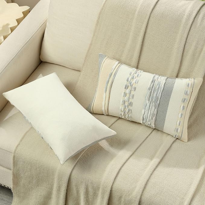 FUTEI Grey Blue White Decorative Throw Pillow Covers 12x20 Inch Set of 2, Soft Tufted Striped Textured Accent Pillow Case,Boho Pillows for Couch Decor