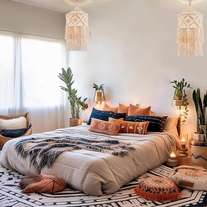 Boho Plug in Pendant Light, Hanging Light with Plug in Cord, Hanging Lamp with Handmade Macrame Lamp Shade, Boho Plug in Hanging Light Fixtures for Living Room Bedroom Decor