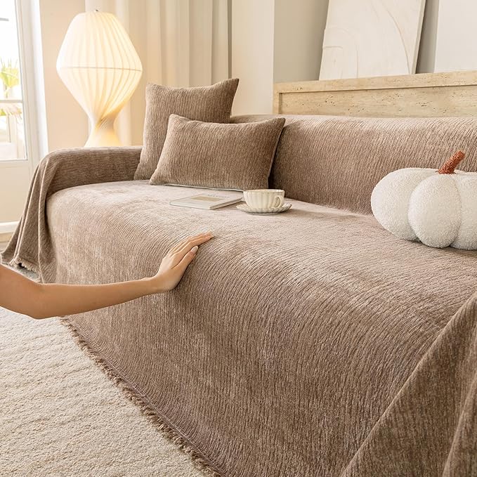 ROOMLIFE Couch Cover Sofa, Boho Chenille Couches Covers for 3 Cushion Sofas, Non Slip Soft Breathable Sofa Slipcovers for Pet, Washable Furniture Protector with Tassel,71''X134”