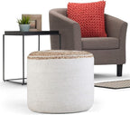 SIMPLIHOME Serena Round Braided Pouf - 18 inch Wide Upholstered Jute and Cotton Ottoman in Natural, Boho-Style Footstool or Extra Seating for Living Room with Polystyrene Bead Filling, Assembled