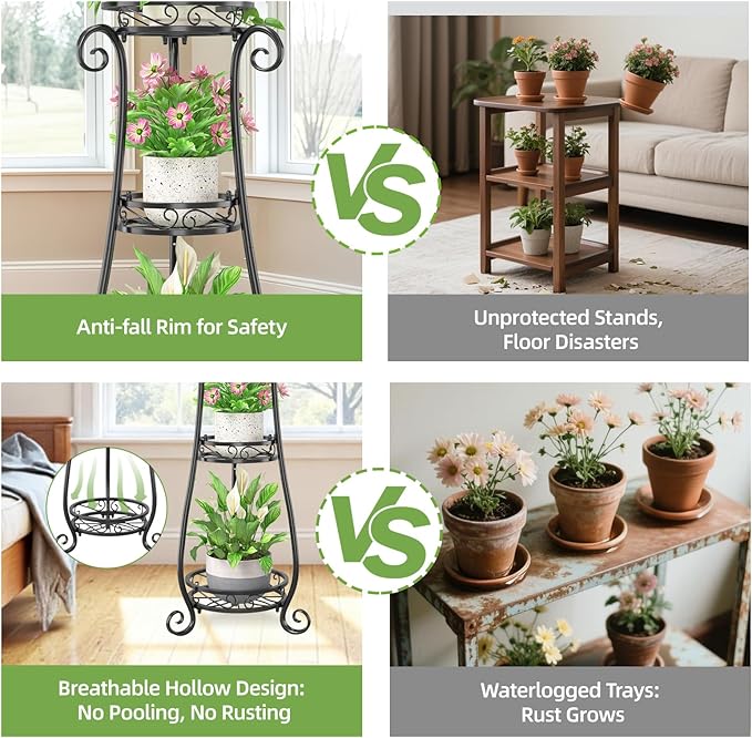 iDavosic.ly 3 Tier Metal Plant Stand Indoor Outdoor, Wrought Iron Corner Tall Flower Pot Holder Shelf, 34 Inch Vertical Heavy Duty Display Rack for Patio Porch Living Room Garden, Black