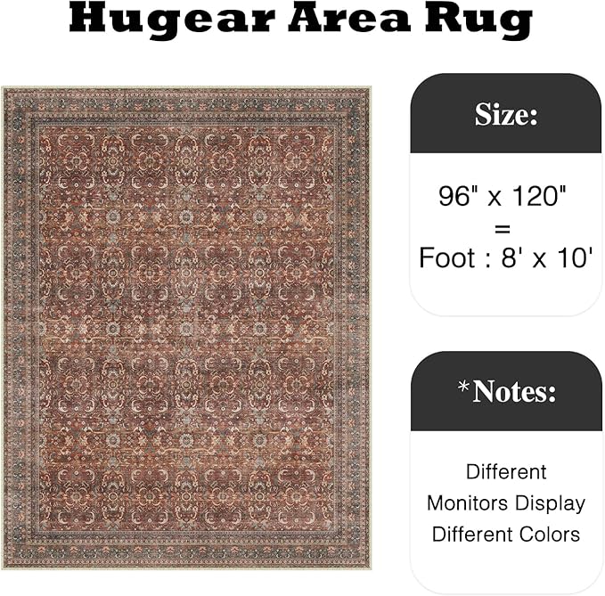 HUGEAR Area Rug 8x10 Vintage Brick Red Machine Washable Living Room Rugs Distressed Retro Floral Vacuumable Low Pile Carpet Bedroom Office Dining Room Laundry Room Non Slip Soft Lightweight